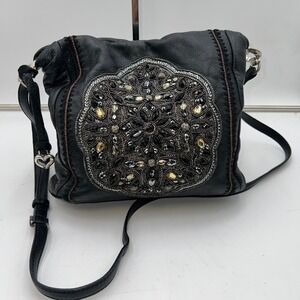 Brighton Black Leather Beaded Crossbody Bag Heart Charm Designer Purse